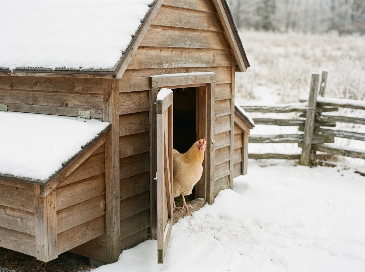 A small wooden barn at the edge of a garden, hen and goat in front, no people in frame.