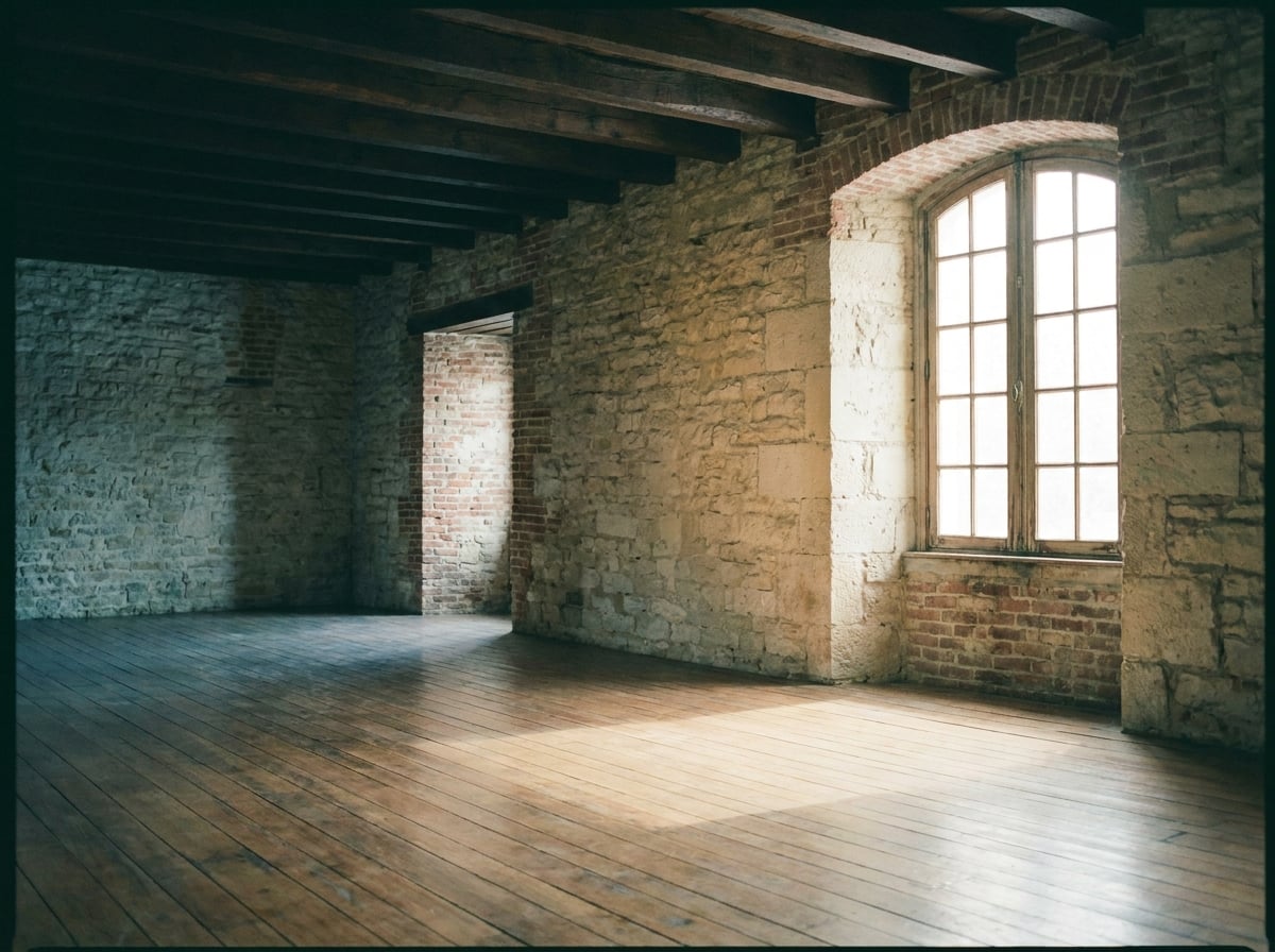 A bright interior with white walls, a long wooden table at the center, child-height shelving, sheepskins on the floor, no people in frame.